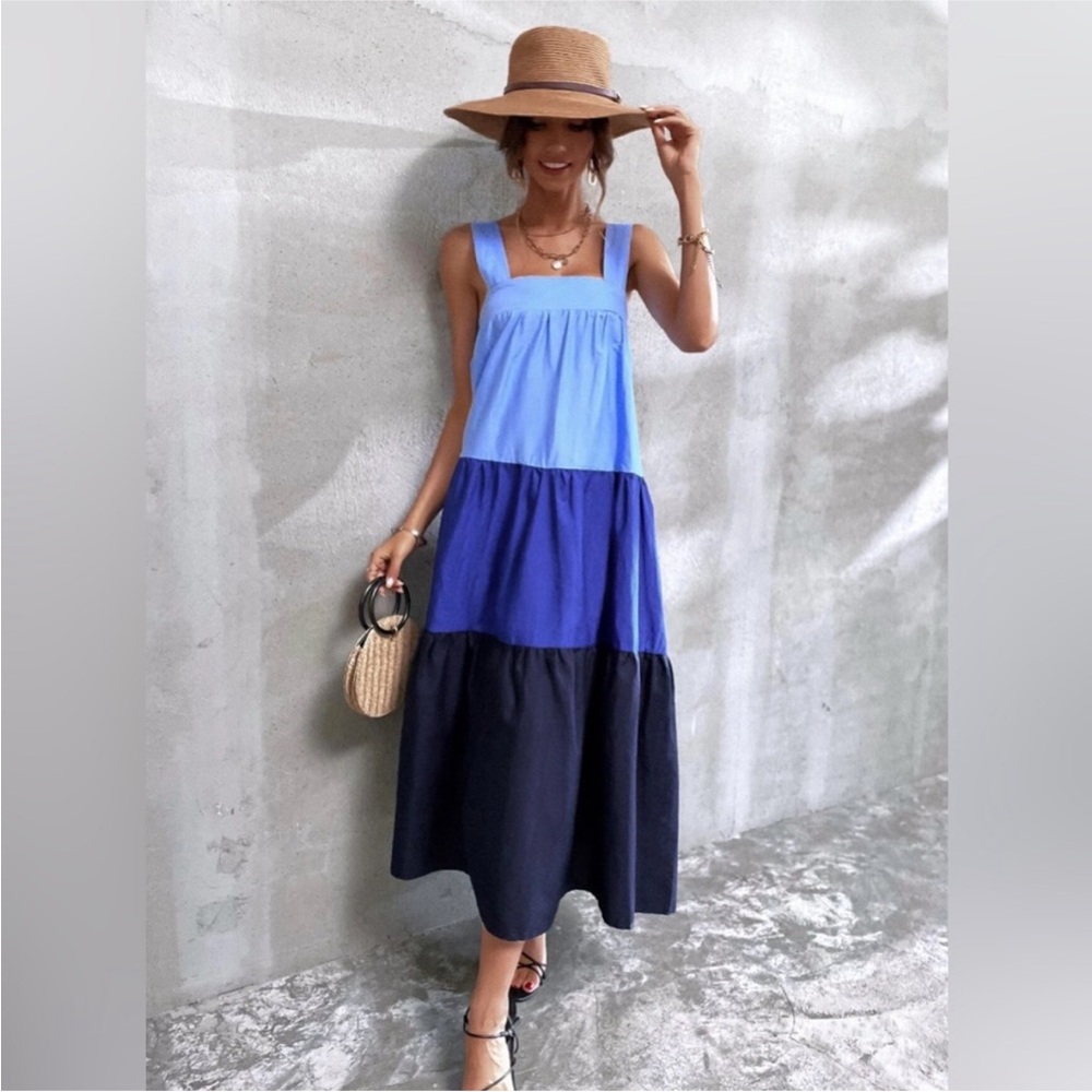 Zara Blue and Black Colorblock Midi Dress